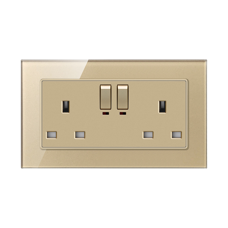 Tempered Glass Switch F71B-Double UK Socket With Switch With Indicator Light-GOLD